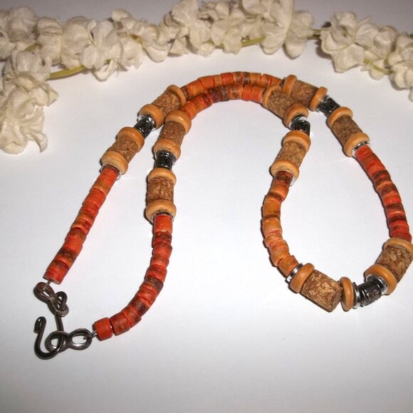 Vintage Necklace Orange Brown Silver Choker Unisex Beaded Fashion Jewelry D221 - Picture 3 of 6